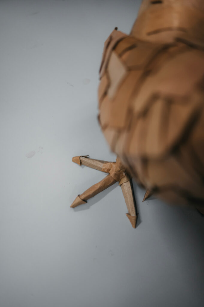 Detalle para gallina azul. Escultura de cartón. Orgaz