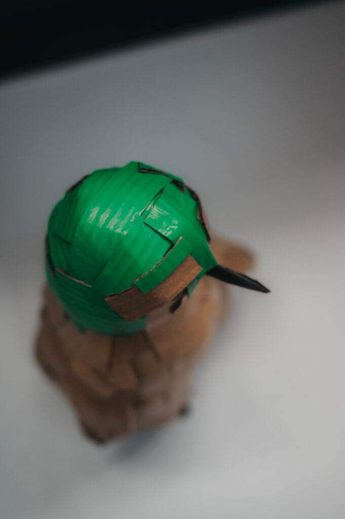 Pingüino verde visto desde arriba. Escultura de cartón. Orgaz.