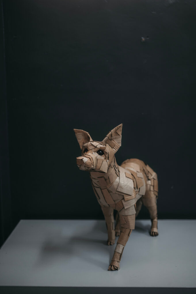 Zorro número uno de frente, cuerpo entero. Escultura de cartón. Orgaz